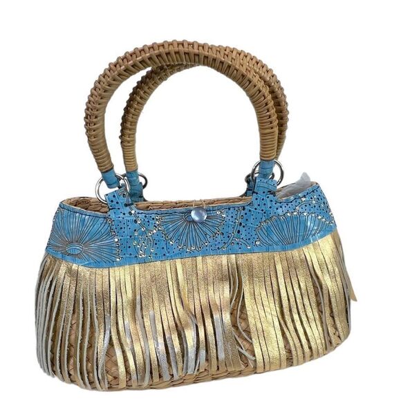 Serpui Marie Wicker Handbag with Blue Leather Rhinestone Floral & Gold Fringe - Picture 1 of 8